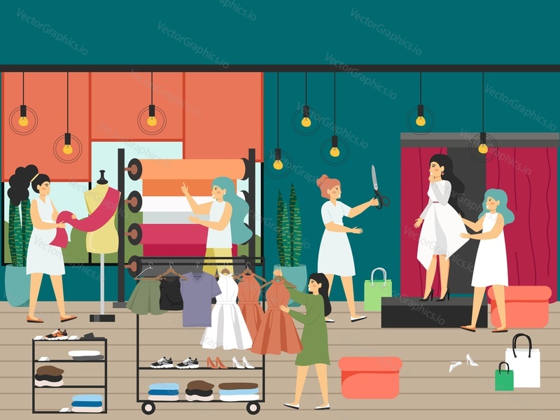 Atelier scene with dressmakers, fashion designers and customers, flat vector illustration. Female characters choosing fabric, trying on dress. Sewing workshop, studio interior. Tailoring business.