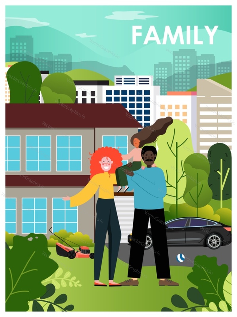 Happy multiracial family in the garden near big modern house with garage, flat vector illustration. Parents with kid in the front yard. Family home poster, banner template.
