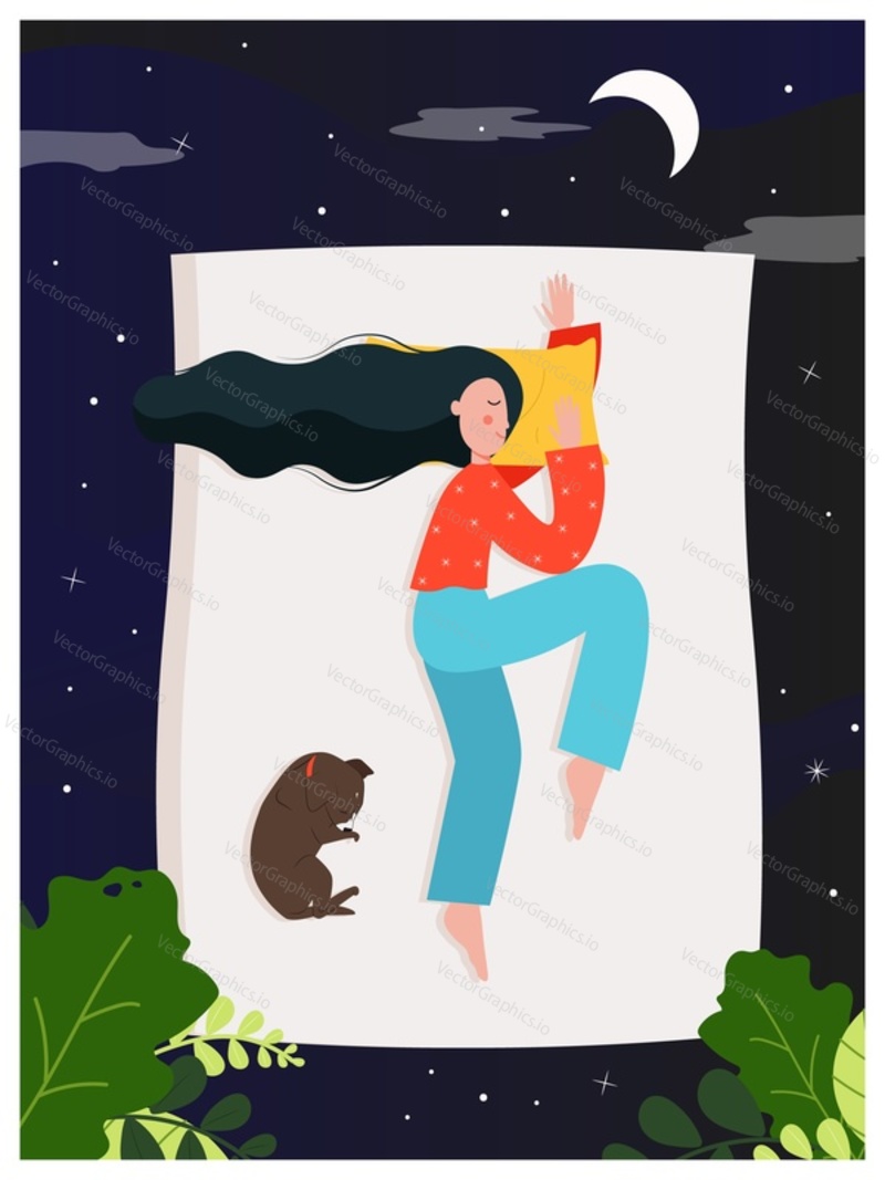 Young woman sleeping at night and cute pet dog sleeping at her feet on the bed, flat vector illustration. Starry night sky background. Sweet dream.