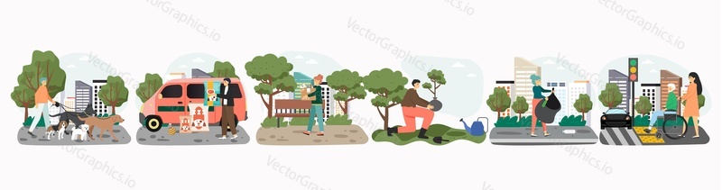 Volunteer activity set, flat vector illustration. Male, female characters helping disabled people, homeless animals, collecting street garbage, planting trees in city park. Eco volunteering, altruism.