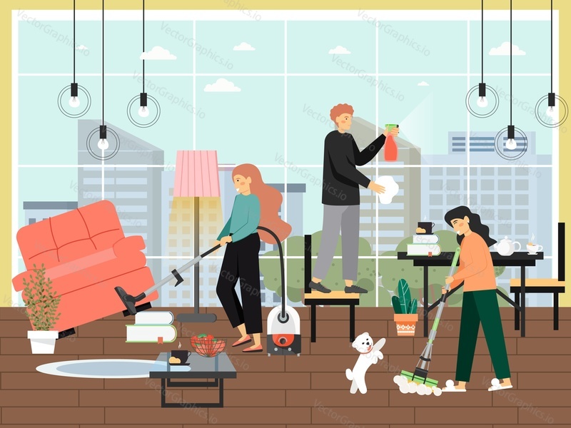 Home cleaning scene, flat vector illustration. People cleaning hall. Professional cleaner worker characters doing housework washing window, floor, vacuuming furniture. Housekeeping services.