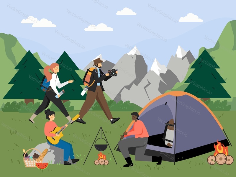 Summer hiking. Happy couples going trekking, camping, cooking food on fire and playing guitar near the tent, flat vector illustration. Active outdoor tourism and adventure, nature travel, summer camp.