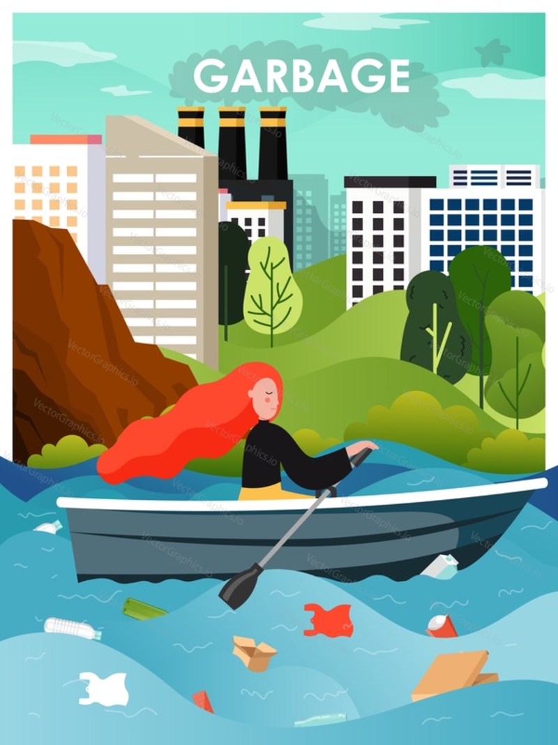 City polluted with industrial factory smoke. Woman boating on the river full of garbage, flat vector illustration. Stop water and air pollution. Ecological problem. Save environment poster template.