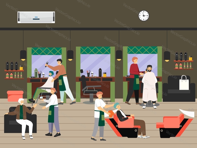 Male characters in barbershop, flat vector illustration. Barber washing hair, doing haircut, shaving beard. Barber shop interior with chairs, mirrors, hairdressing tools. Hair saloon, grooming studio.