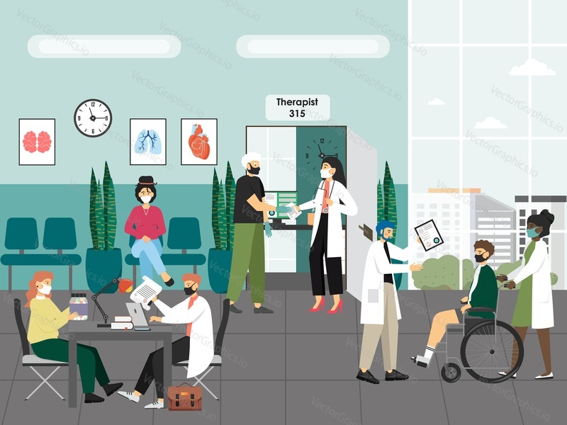 People in hospital, medical clinic hall, flat vector illustration. Patients waiting for doctor therapist, talking with doctors. Characters wearing protective facial masks. Medicine and healthcare.