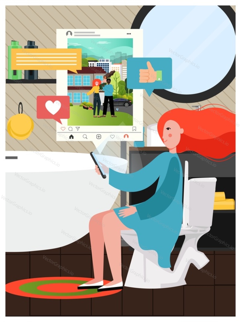 Girl chatting, posting photos, receiving comments on social networks sitting on the toilet, flat vector illustration. Smartphone and social media addiction poster template.