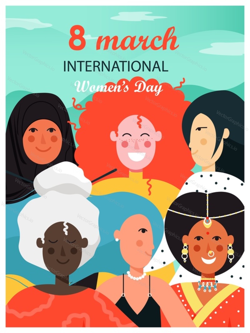 8 March International Womens Day poster, banner, card design template. Happy smiling female characters of different racial and ethnic groups, flat vector illustration. Feminism, women empowerment.
