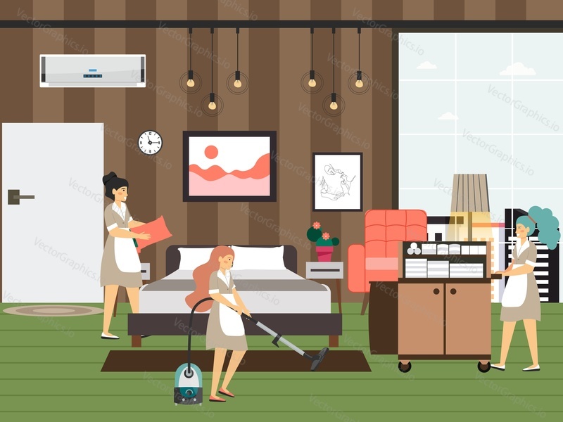 Hotel maid, housekeeper characters making the bed, vacuuming carpet, flat vector illustration. Hotel room cleaning service. Housekeeping. Hospitality industry.