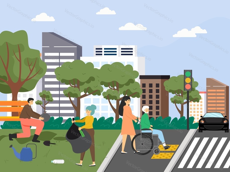 Group of people volunteers helping disabled, collecting garbage, flat vector illustration. Male and female characters cleaning street, planting trees in city park. Environmental volunteering.