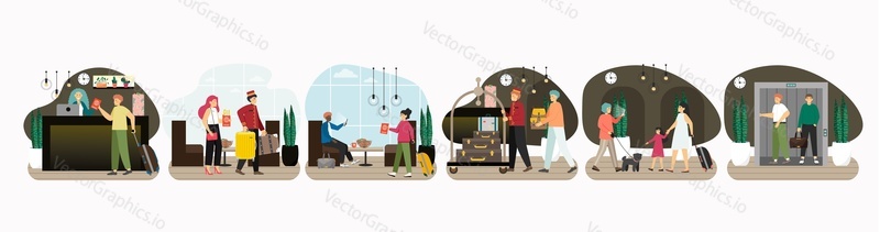 Hotel customer service scene set, flat vector isolated illustration. Hotel staff, arriving and departing guests characters. Reception, elevator, lobby. Porter carrying luggage. Hospitality industry.
