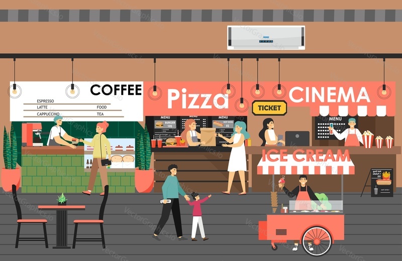 Shopping and entertainment center with cinema, pizza, coffee shop, ice cream, flat vector illustration. Shopping mall interior with fast food restaurant and cafe. Happy people buying coffee, snacks.