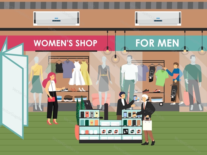Shopping center with men and women clothing shops, fashion boutiques, flat vector illustration. Mall interior with happy shoppers buying clothes, mobile phone. Shopping mall entrance. Retail store.