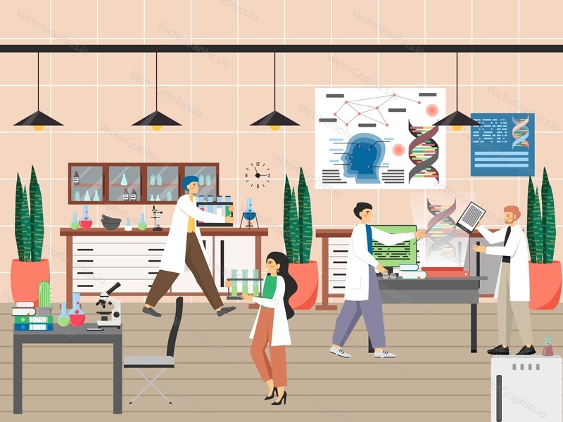 Scientists working in science laboratory, flat vector illustration. Lab workers, researchers conducting scientific experiments, studying genes, dna structure. Genetic science research lab.