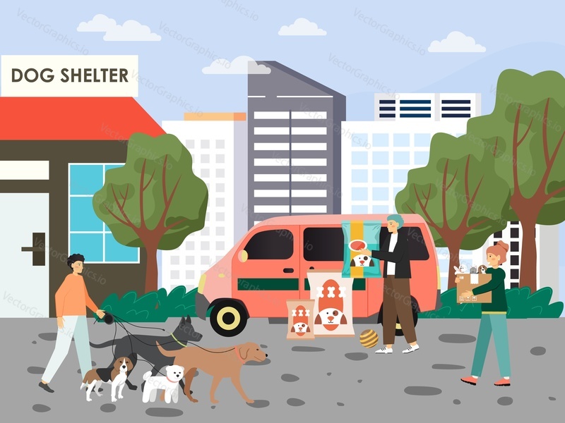 Group of people volunteers helping homeless animals, flat vector illustration. Male and female characters feeding, walking pet dogs from shelter. Volunteering concept.