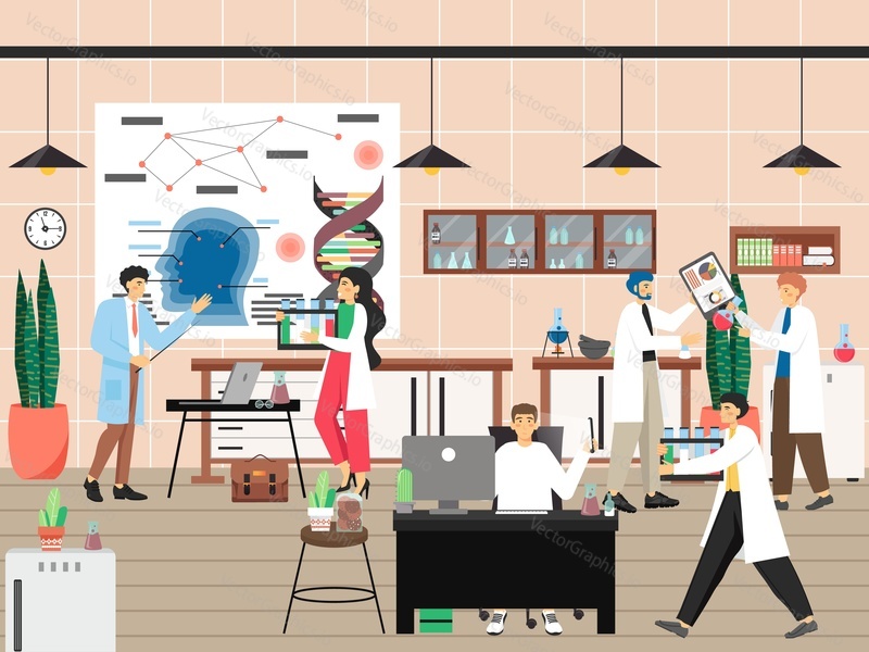 Science research lab. Scientists, male and female characters studying genetics, discussing scientific discoveries, flat vector illustration. Biotechnology, genetic engineering, medicine and technology