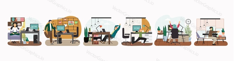 Office fitness set flat vector isolated illustration. Business people employees meditating, doing sport body stretching, squat exercises at workplace for neck, back pain, stress relief. Office workout