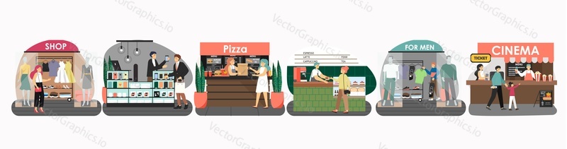 Shopping and entertainment center interior set, flat vector illustration. Shopping mall with fashion stores, pizza, coffee shop and cinema. Happy people buying clothes, food, coffee, mobile, popcorn.