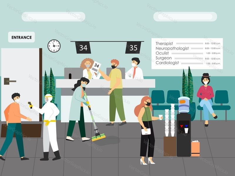 People in hospital, medical clinic reception, flat vector illustration. Patients in face masks passing body temperature screen area, waiting for doctor, making appointment with doctor, drinking water.