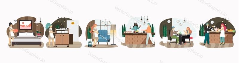Hotel set, flat vector isolated illustration. Hotel room cleaning and food service. Housekeeping. Hospitality industry.