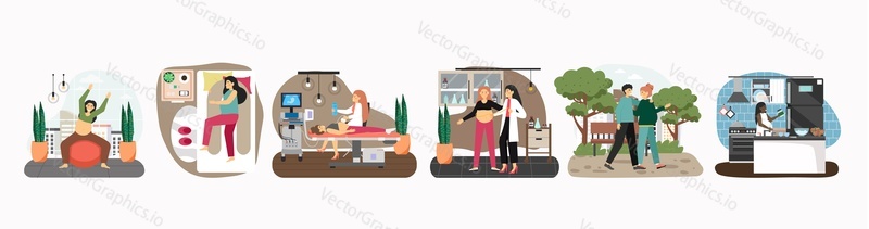 Pregnant woman activity set, flat vector illustration. Women exercising with ball, sleeping with pregnancy pillow, walking with husband, visiting medical doctor. Happy pregnancy. Prenatal health care.