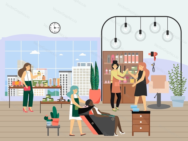 Happy women testing and buying shampoo, flat vector illustration. Cosmetics store interior with hair care products such as shampoos, conditioners on shelves. Cosmetics retail.