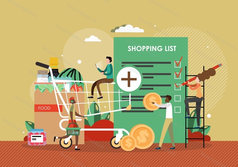 People shopping for groceries in supermarket making check marks in shopping list, flat vector illustration. Characters buying food products using grocery list mobile apps.