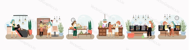 Cosmetics store scene set, flat vector isolated illustration. Happy women shopping for makeup products, perfumes, hair care and body skincare cosmetics. Beauty retail business.