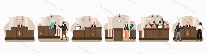 Legal trial scene set, flat vector illustration. Court session in the courtroom. Judge, jury, lawyers, security guard, defendant. Public hearing, criminal procedure. Judicial process. Law and justice.