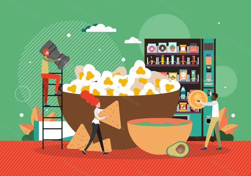 Chefs preparing popcorn and crackers. Happy male character buying snacks from vending machine with assortment of appetizers and soft drinks, flat vector illustration. Snack foods industry.