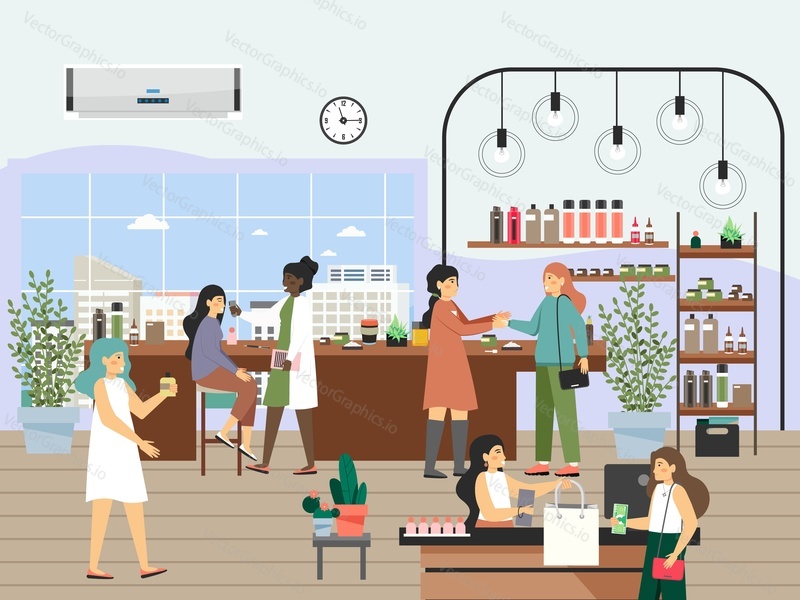 Cosmetics at department store. Happy women shopping for face cream and body skin care products, such as moisturisers and cleansers, flat vector illustration. Cosmetics retail business.