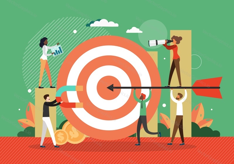 Tiny characters aiming at huge target, attracting customers with magnet, looking through telescope, flat vector illustration. Business vision, goal achievement. Raising chart business growth, success.