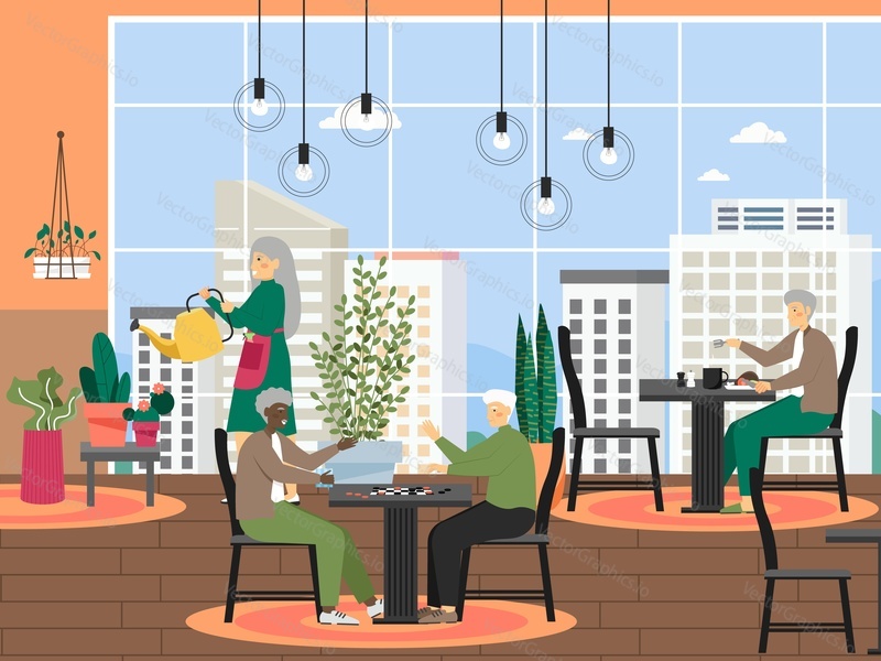 Elderly people in nursing home, assisted living community, flat vector illustration. Older adults watering plants, playing checkers, having dinner. Elderly care. Healthy active lifestyles for seniors.
