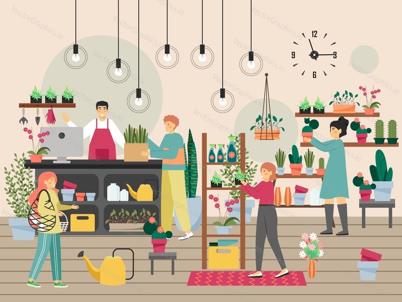 People in flower shop, flat vector illustration. Male, female characters selling buying cactus succulent plants, other decorative indoor plants in flower pots. Florist shop interior. Floral business.