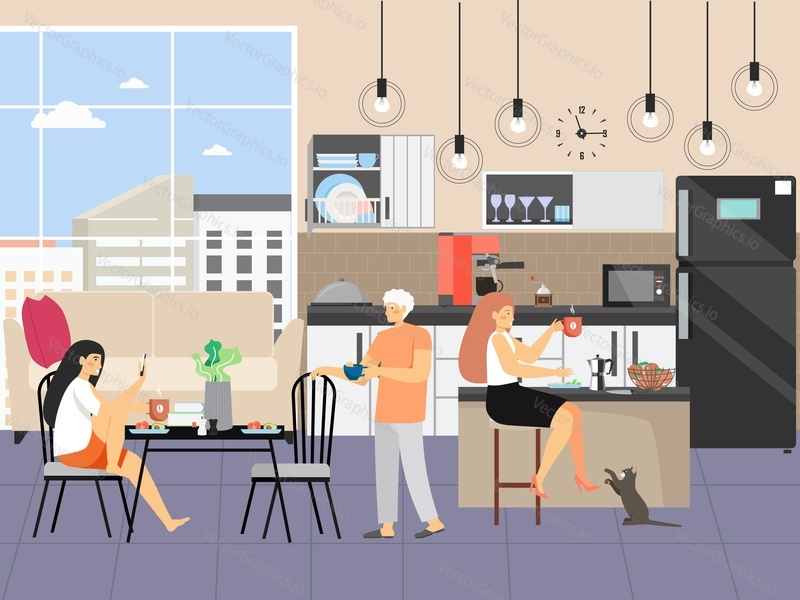 Happy woman, couple having breakfast at home, flat vector illustration. People sitting at table in kitchen, drinking coffee tea, eating morning meals. Characters dining at home. Daily morning routine.