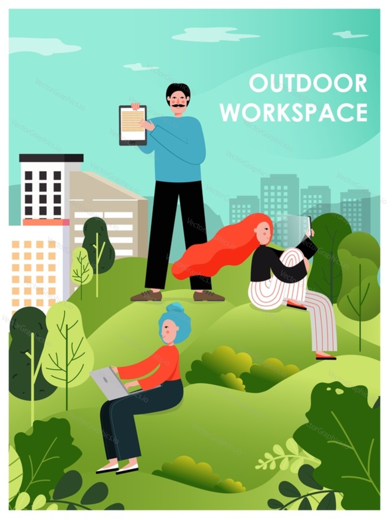 Outdoor workplace poster template. Business people working on laptop computers, tablets outside the office, in city park, flat vector illustration. Outdoor office space. Remote work and freelance.