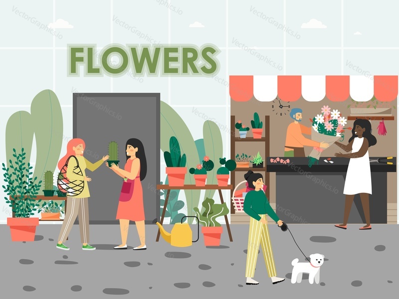 People in flower shop, flat vector illustration. Male and female characters selling fresh flower bouquets and cactus succulent plants, other potted houseplants. Floral business, florist service.