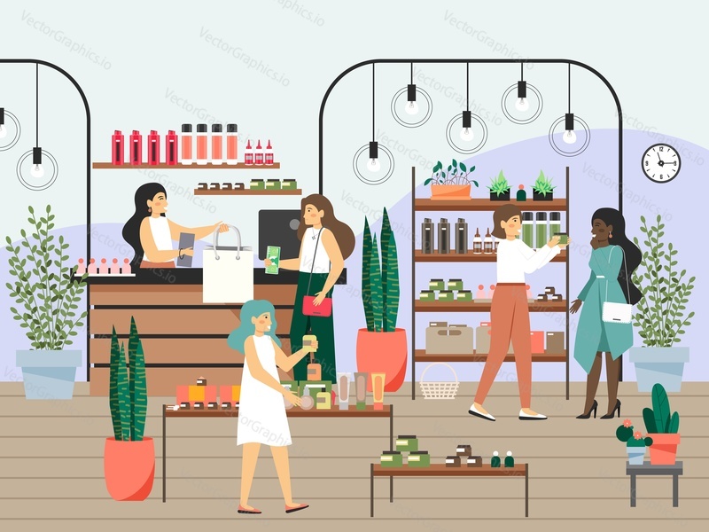 Cosmetics at department store. Happy women shopping for body skin care products such as lotion, cream, bubble bath, soap, flat vector illustration. Cosmetic industry. Beauty store business.