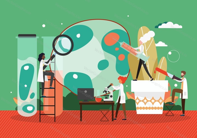 Science lab. Scientists conducting experiments, doing research, laboratory tests and analysis, flat vector illustration. People using microscope, syringe, lab tubes. Medicine, biology science.