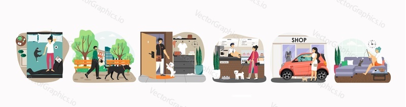 Pet owners with their cute domestic animals, flat vector isolated illustration. Happy people walking in the park, relaxing, shopping, playing with cats and dogs. Pet lovers, sitters.