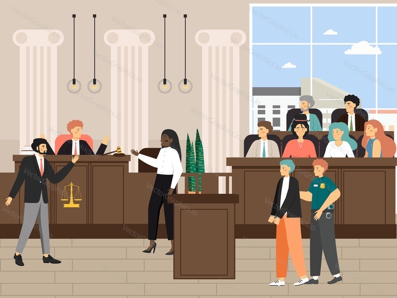 Court session in the courtroom, flat vector illustration. Legal trial scene with judge, jury, prosecuter, lawyer, security guard with defendant. Public hearing, criminal procedure. Judicial process.