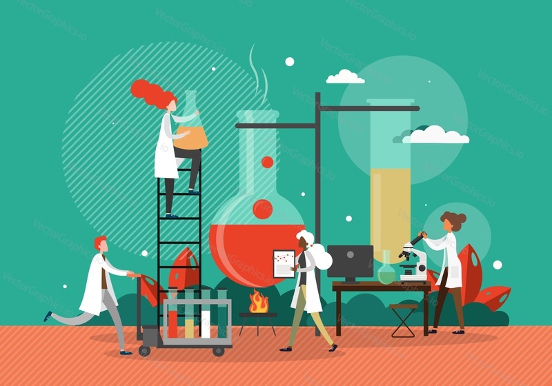 Scientists conducting scientific experiments in chemistry lab, flat vector illustration. Students making observations, tests using microscope, flasks, tubes, lab burner. Science laboratory research.
