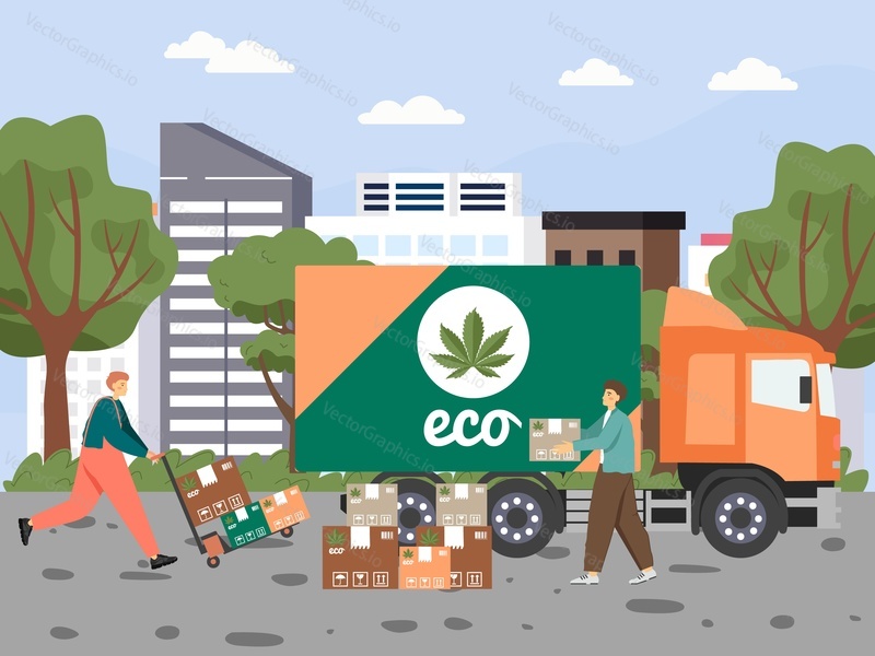Male characters loaders loading eco hemp delivery truck with recreational cannabis, medical marijuana, CBD products, flat vector illustration. Cannabis delivery service, legal marijuana business.
