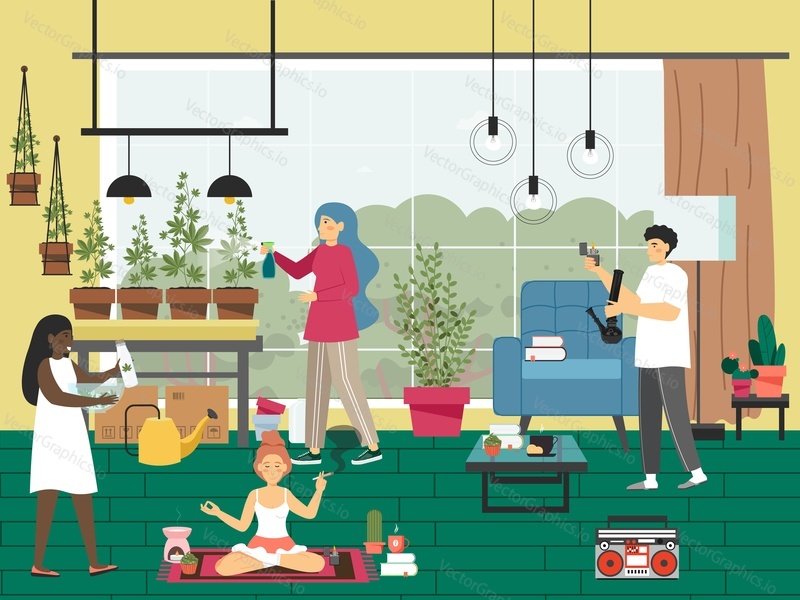 People growing recreational cannabis and using CBD products at home, flat vector illustration. Female characters watering marijuana plants, meditating and smoking weed joint, male smoking from bong.