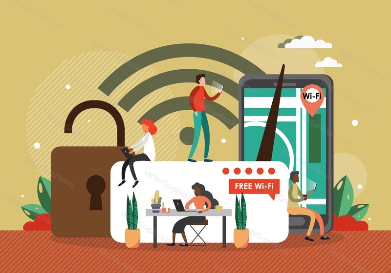 People using smartphone, tablet computer in public wifi zone, flat vector illustration. Wireless internet connection, free wifi hotspot.