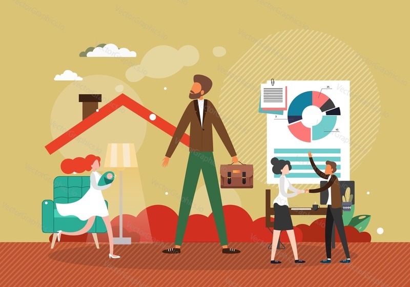 Work and life balance. Businessman standing between his wife with newborn baby and office colleagues, flat vector illustration. Office man reconciling work and family successfully.