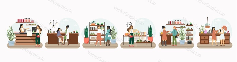 Cosmetics store scene set, flat vector illustration. Happy women shopping for perfumes, face and body skincare products. Beauty and fragrance retail business, cosmetic industry.