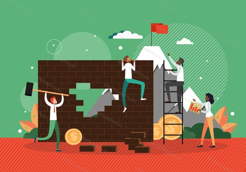 Business people climbing wall, ladder to reach the flag on mountain top, flat vector illustration. Reach the target. Goal achievement. Successful purposeful business.