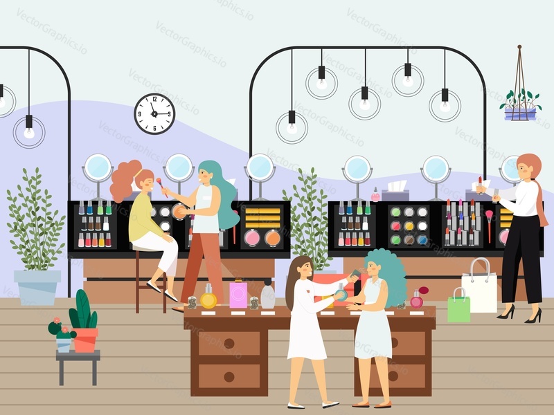Cosmetics store. Happy women shopping for makeup and perfumes, flat vector illustration. Female characters trying out new beauty products, using perfume samples. Cosmetics and fragrance retail.