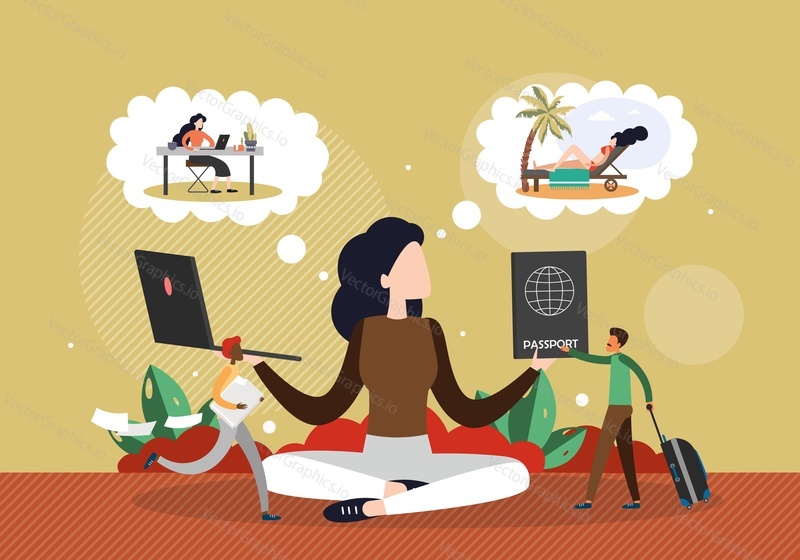 Woman meditating sitting in yoga position with laptop computer in one hand and passport in the other, flat vector illustration. Thought bubbles. Thoughts about office work and summer beach vacation.