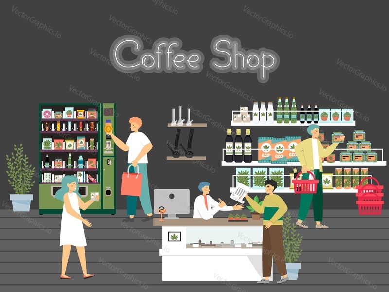 People in hemp shop, CBD store, flat vector illustration. Cannabis dispensary interior. Male and female characters selling and buying medical or recreational cannabis, weed joint smoking accessories.